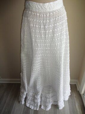 Vintage 1970s White Full Floral Lace Maxi Skirt S M Unlined